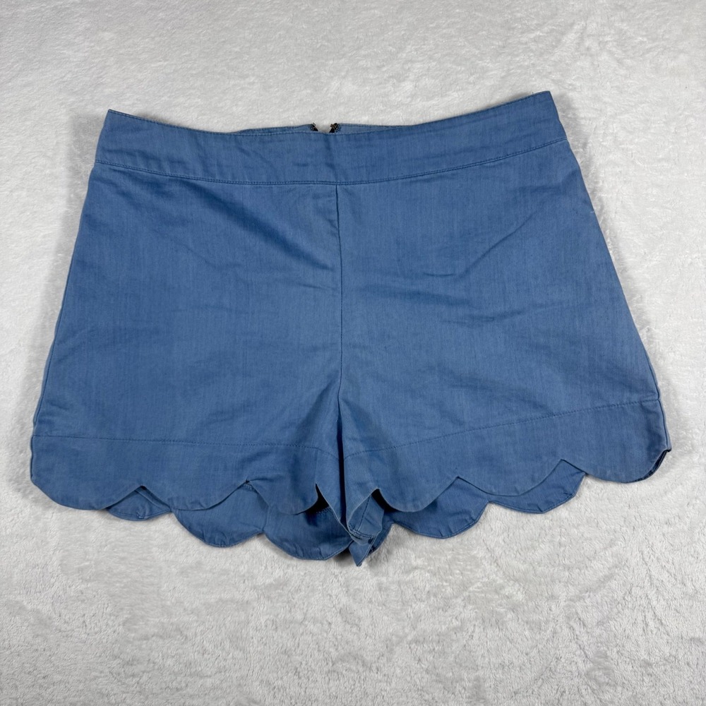 Mud Pie Womens Blue Scalloped Hem Chambray Shorts Size L Cotton Blend Flat Front
